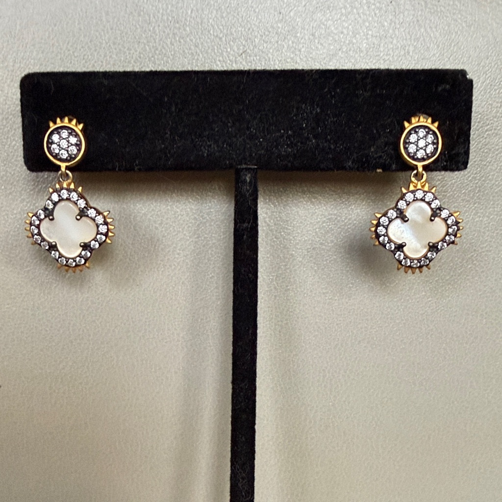 Gold-Tone Drop Earrings With White Mother-Of-Pearl Clover And Crystal Accent